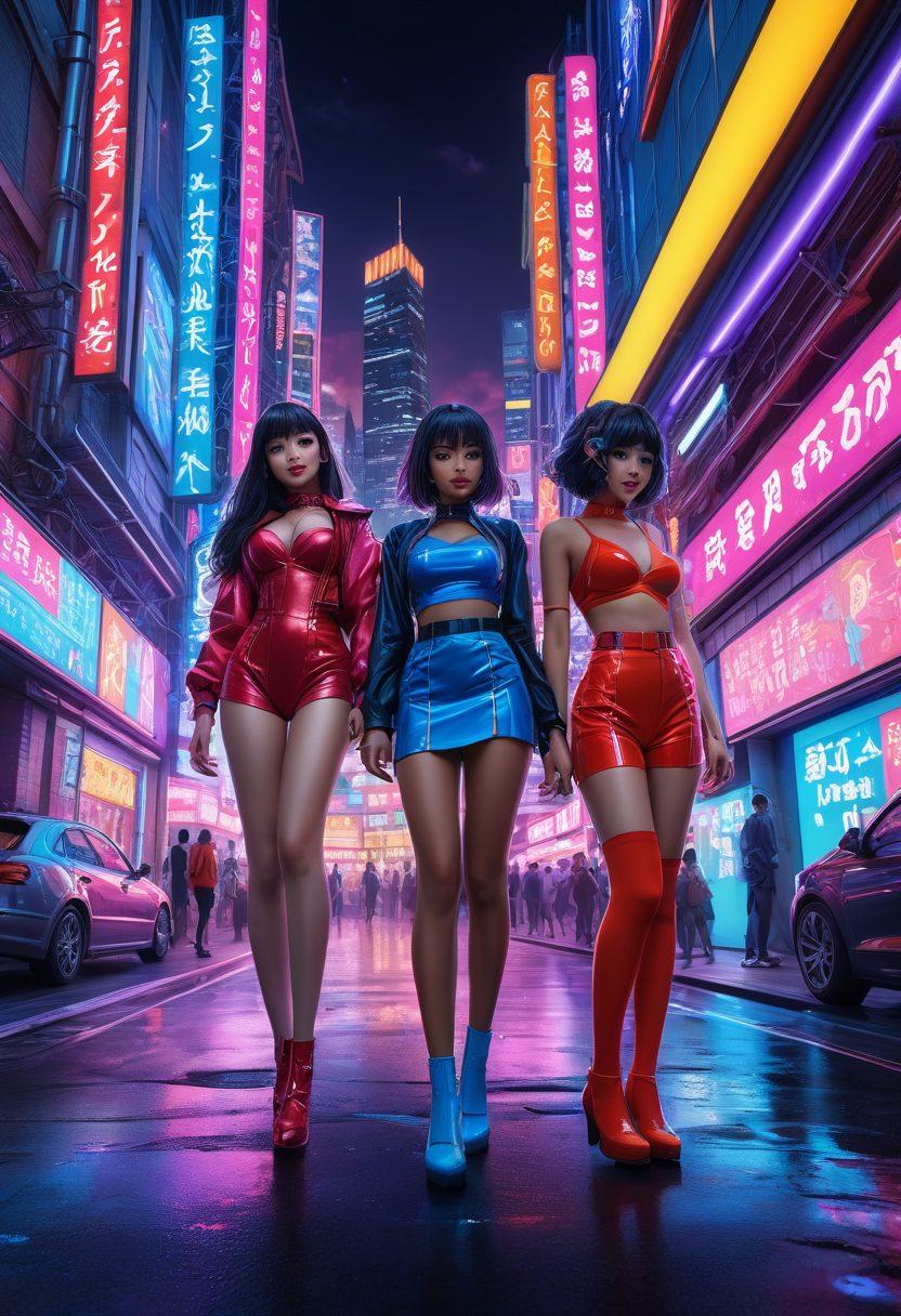 A visually striking scene combining elements of adult anime and modern hentai culture, featuring a diverse group of characters engaging in playful interactions against a vibrant urban backdrop. Incorporate neon lights and futuristic architecture to represent current trends, while ensuring a balance between artistic sensuality and fantasy. Emphasize bold colors and intricate character designs to captivate the viewer's imagination. super-realistic. vibrant colors. 3D.