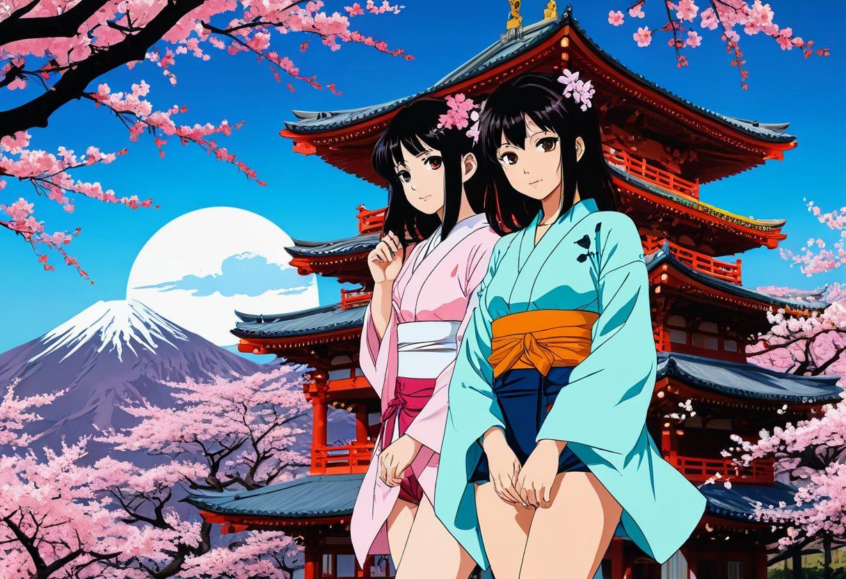 A vibrant and colorful collage illustrating the cultural impact of hentai and adult anime, featuring iconic characters in dynamic poses, intermingled with traditional Japanese elements like cherry blossoms and temple silhouettes. The background showcases a blend of digital art and classic anime styles, reflecting the evolution of adult animation. Bright neon colors contrast with softer pastels to capture the duality of the genre. super-realistic. vibrant colors. 3D.